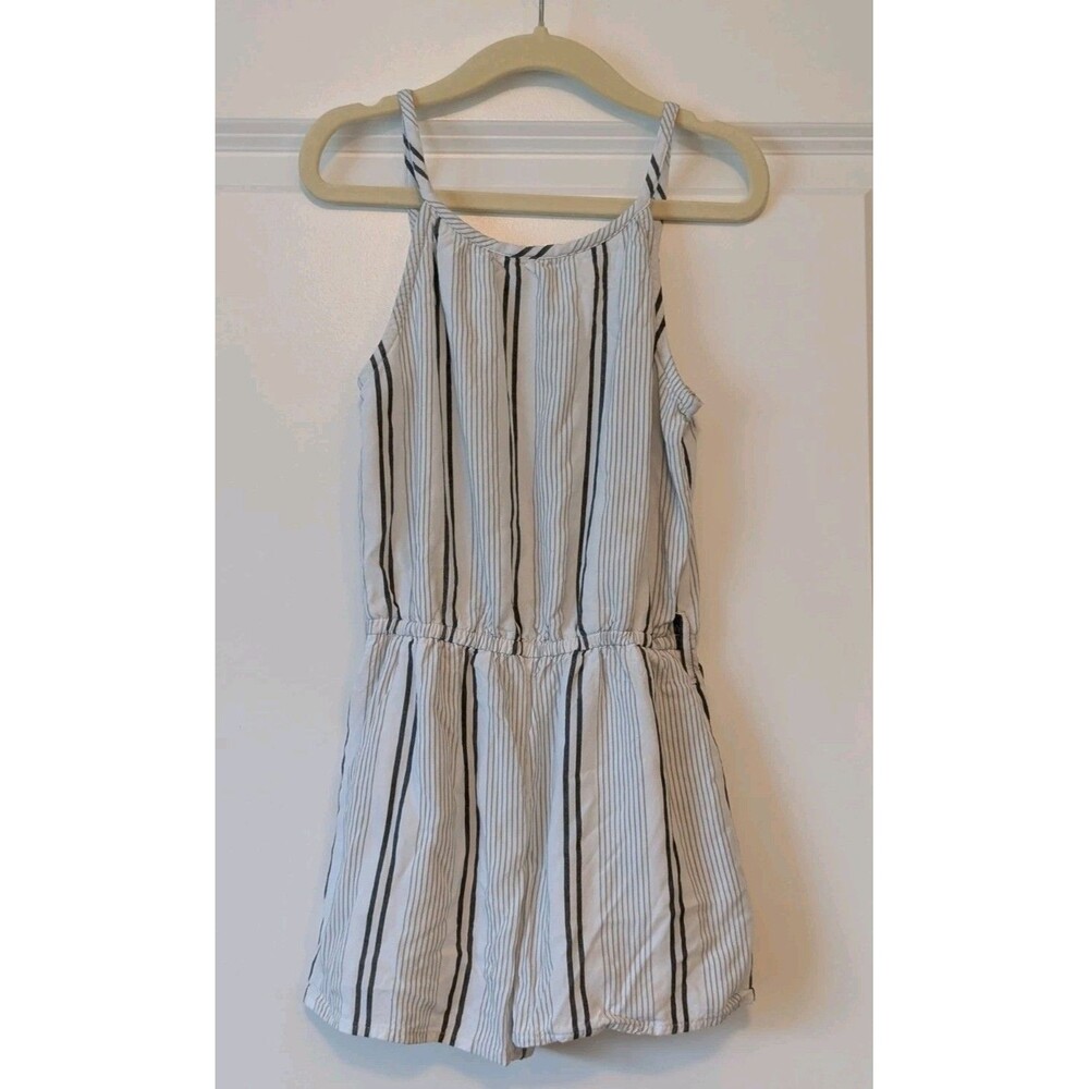 Abercrombie Kids Girls Size 5/6 White Gray Black Stripe Adjustable Straps Romper
